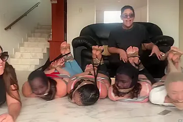 8 Barefoot Girls Gagged Hogtied And Pantyhose Encased - porn video